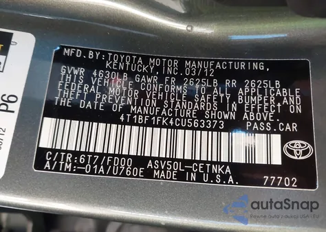 2012 Toyota Camry Le из США, поврежденный, VIN 4T1BF1FK4CU563373